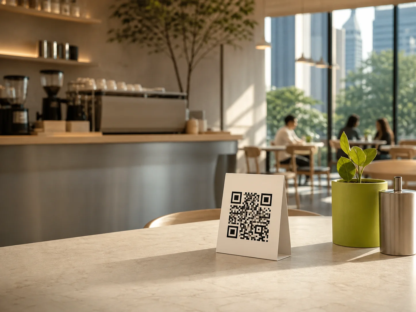 A QR code table card in a modern cafe